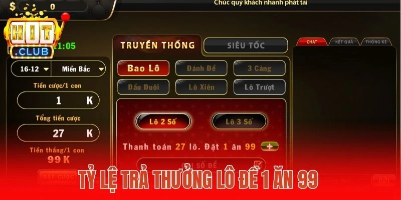 Tỷ lệ trả thưởng lô đề 1 ăn 99 